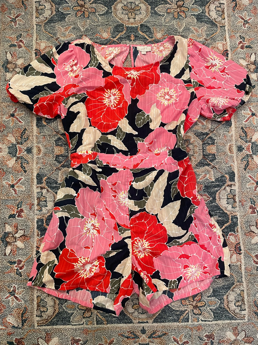 LOFT Pink & Red Floral Romper with Cutouts - L